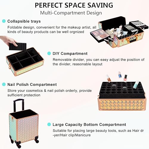 Miniatura 6 de Estuche de maquillaje profesional 5 en 1, estuche de aluminio para cosméticos, estuche de maquillaje con ruedas giratorias de 360 , Con color,