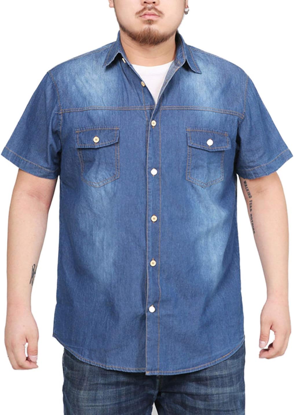 Flygo Men's Big & Tall Cotton Short Sleeve Button Down Denim Shirt