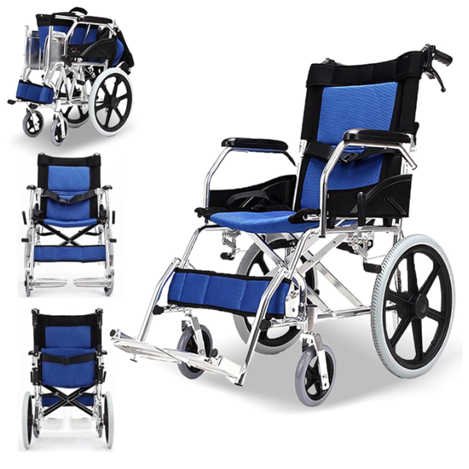 Silla De Ruedas Ligera Plegable De Aluminio, Asiento 45 Cm, Reposapiés Abatibles, Ruedas Macizas, Frenos De Mano Y En Manetas, para Mayores, para Minusválidos