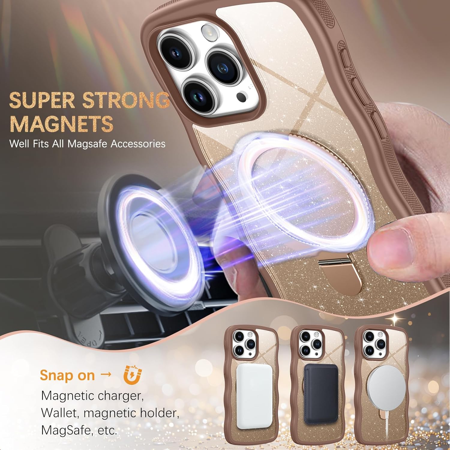BENTOBEN Magnetic for iPhone 15 Pro Max Case with Invisible Kickstand Ring [Compatible with Magsafe] Clear Glitter Curly Wave Bumper Non-Slip Grip Shockproof Women Men Phone Cover, Desert Titanium - Image 2