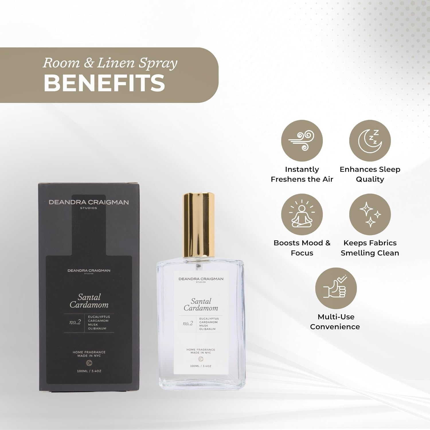 Santal Cardamom Room & Linen Spray, Invigorating Eucalyptus, Warm Musk, & Spicy Cardamom for a Spa, Transforms Any Space with Elegance and Lasting Freshness