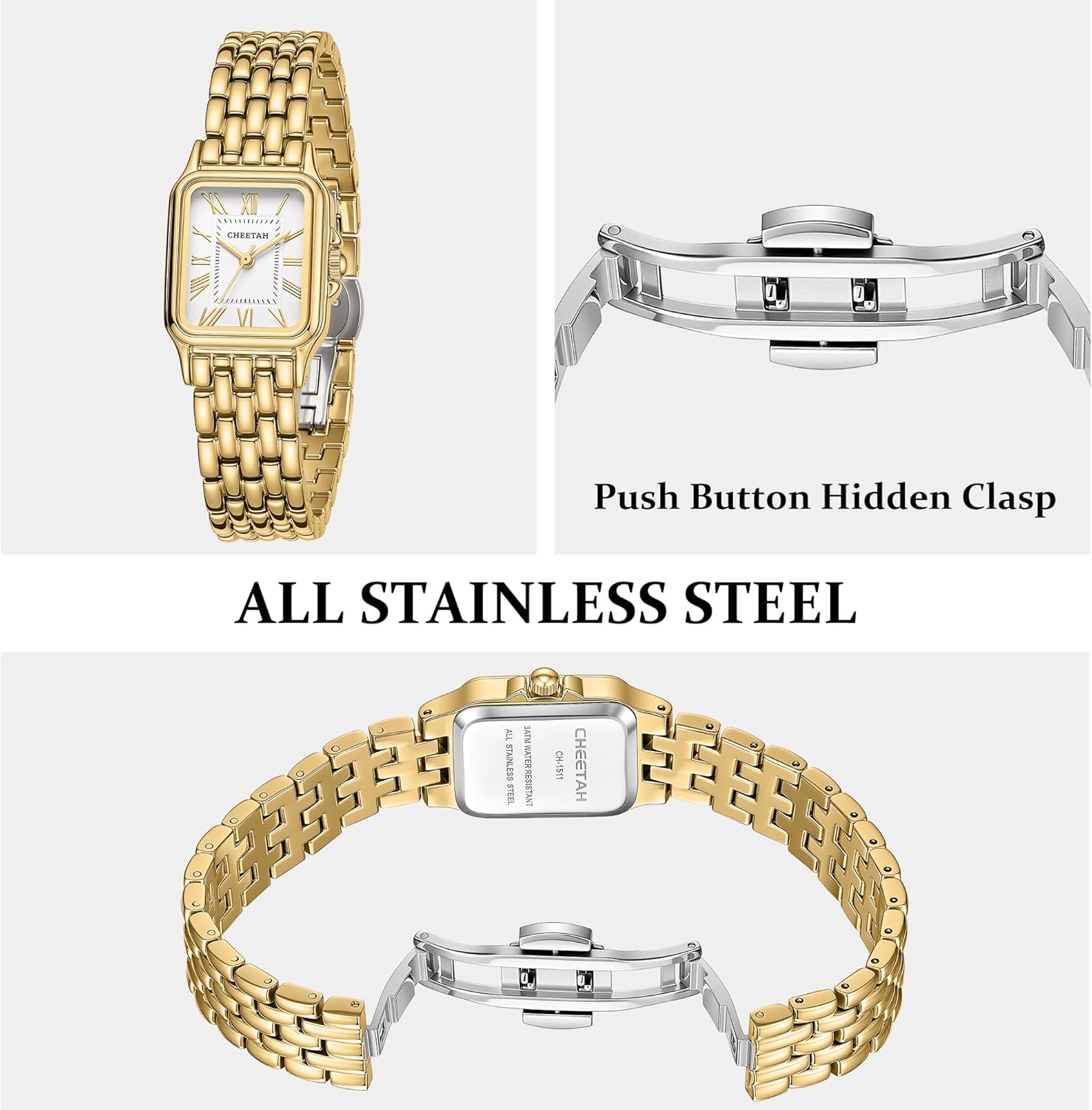 CHEETAH Gold Watches for Women with Vintage Rectangular Case,26mm Case Diameter,Black Roman Numerals,Metal Steel Band,3ATM Waterproof