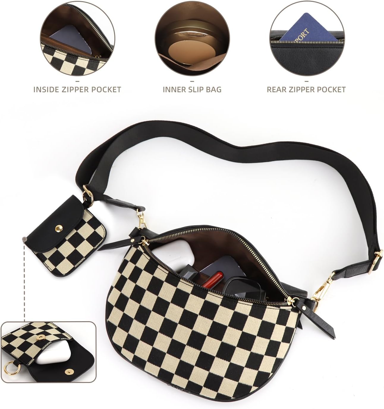 hibear Bum Bag for Women,Canvas Checkered Crossbody Bag Checkered Purse Fanny Packs Black and White Belt Wallet - Image 7