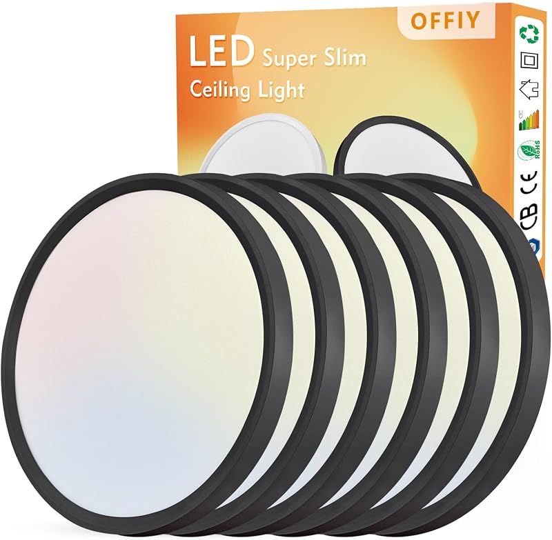 6PK 12 Inch LED Flush Mount Ceiling Light, 24W, 2520LM, 3000K/4000K/6000K CCT Selectable Super Slim Low Profile Ceiling Light, Close to Ceiling Round Flat Panel Fixture for Hallway,Bedroom,kitchen