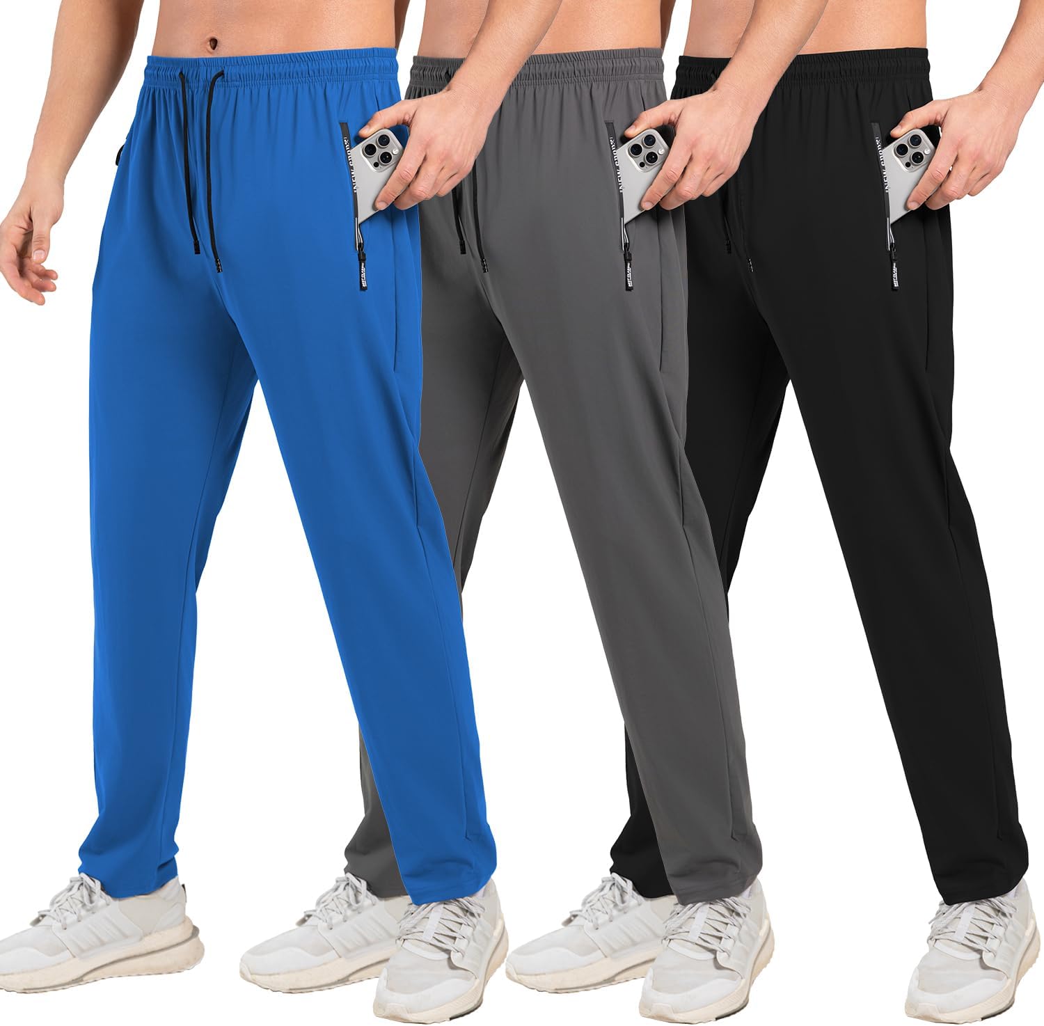 Zhuqing 3-Pack Mens Sweatpants with Zipper Pockets, Joggers for Men Lightweight Athletic Workout Running Hiking Track Gym