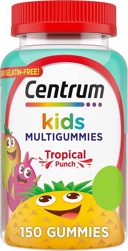 Gomitas multivitamínicas Centrum Kids, sabor a ponche tropical, 150 tabletas | Contiene vitaminas B, vitamina C, vitamina D y vitamina E, apoya la inmunidad, la energía, el crecimiento y el desarrollo.