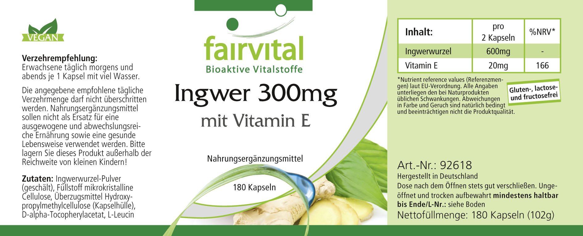 fairvital Ingwer Kapseln 300mg mit Vitamin E, 180 Kapseln, schluckfreundlich, HOCHDOSIERT, VEGAN