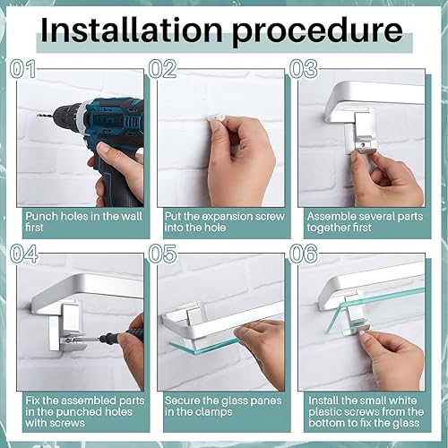 Miniatura 5 de Ripeng Estante de esquina de vidrio flotante de vidrio para baño, estantes de pared templados de aluminio, rectangular, a prueba de óxido,