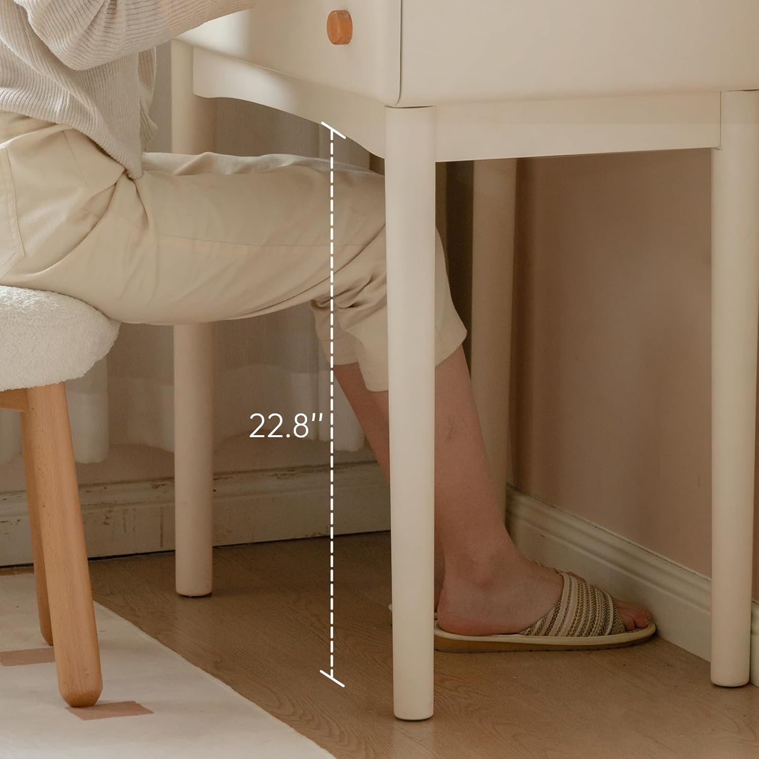 Small Vanity Desk with Mirror, Solid Wood Dressing Table, Movable Drawer Divider, 180-degree Rotatable Makeup Mirror for Bedroom, White, 29" D x 17.7" W x 51.7" H