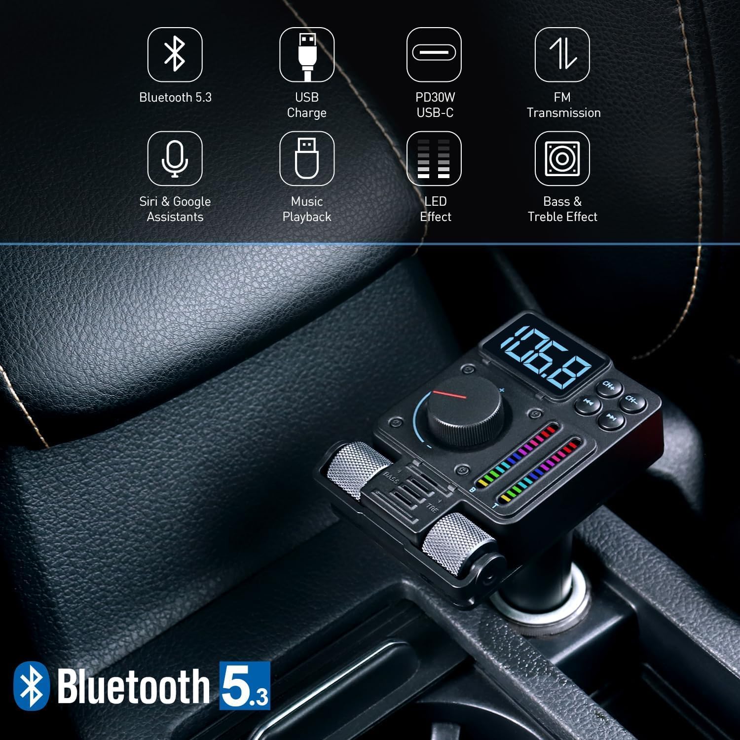 FM Bluetooth 5.3 Transmitter Car Radio Adapter - August CR235 - Hands Free Calling with Siri/Google Assistant, Bass and Treble Tactile Controls - 30W PD Fast Charging USB MP3 Player FM Tuned - Black