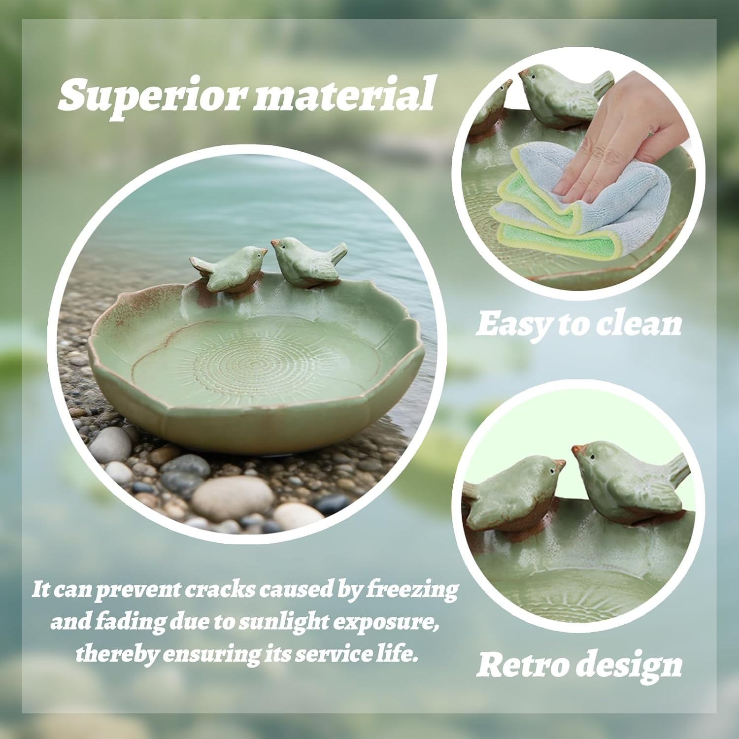 Green Ceramic Bird Bath Bowl - 9.45-Inch Ceramic Bird Baths for Outdoors, Durable Ground Bird Bath Bowl Ideal for Garden, Tabletop, Deck, Balcony & Lawn Use