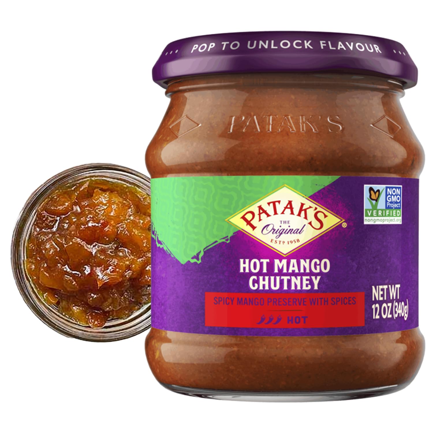 Patak’s Hot Mango Chutney - Sweet & Spicy Mango Chutney with Paprika & Red Chile - Vegan & Gluten-Free - Perfect for Meats, Cheese Platters & Veggie Dips - 12 oz (Pack of 1)