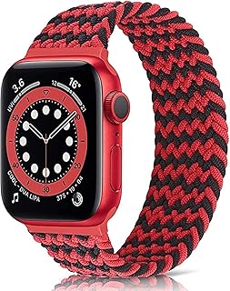watch strap 45/42/44mm Solo Band Braided Fabric Rubber Watch Band for Apple Watch Series 1/2/3/4/5/6/7 (Large, Black Wave - Red)