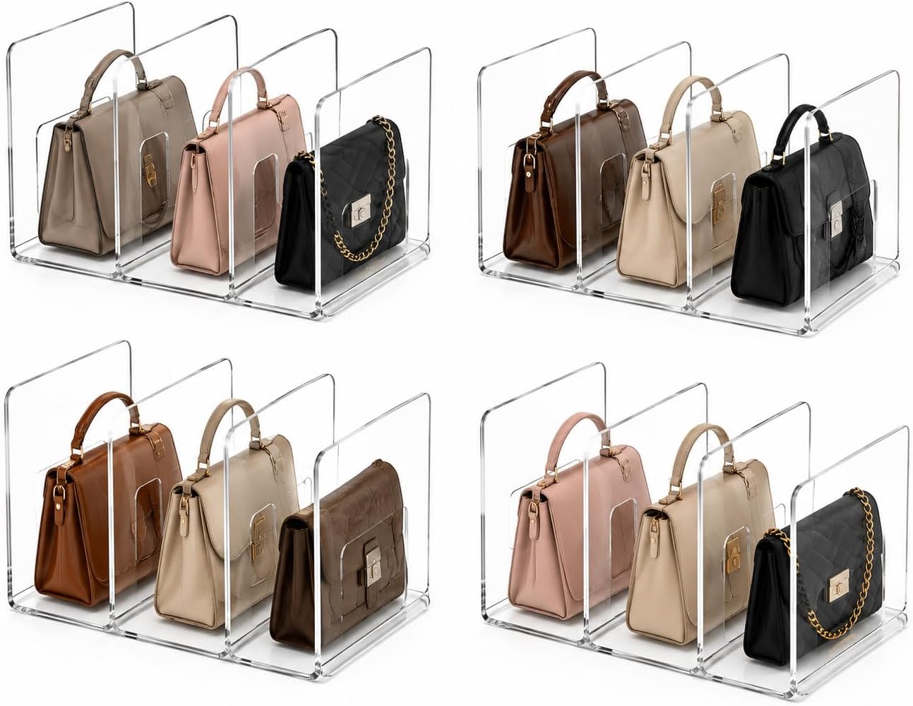 Glxgow 4 Pack Acrylic Purse Organizer for Closet, 12-Slot Clear Handbag Storage Compartments, No Assembly Shelf Divider for Wallets and Clutches