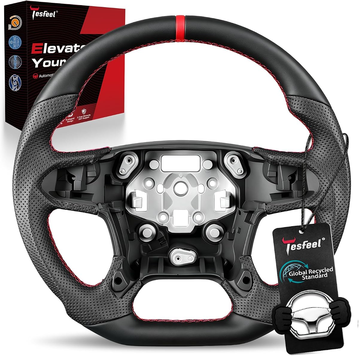Volante completo de cuero napa para Chevy Silverado 2014-2018 | Para Tahoe/Suburban 2015-2020 y para GMC Sierra 2014-2018, Yukon 2015-2020, en forma de D, rayas rojas y costuras, cuero napa premium