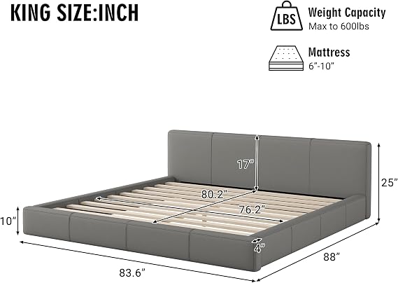 Christopher Knight Home Nahat King Size Upholstered Platform Bed Faux Leather Bed Frame and Headboard, Wood Bed Support and Slat, Stylish Fully Mattress Foundation, No Box Spring Needed, Gray