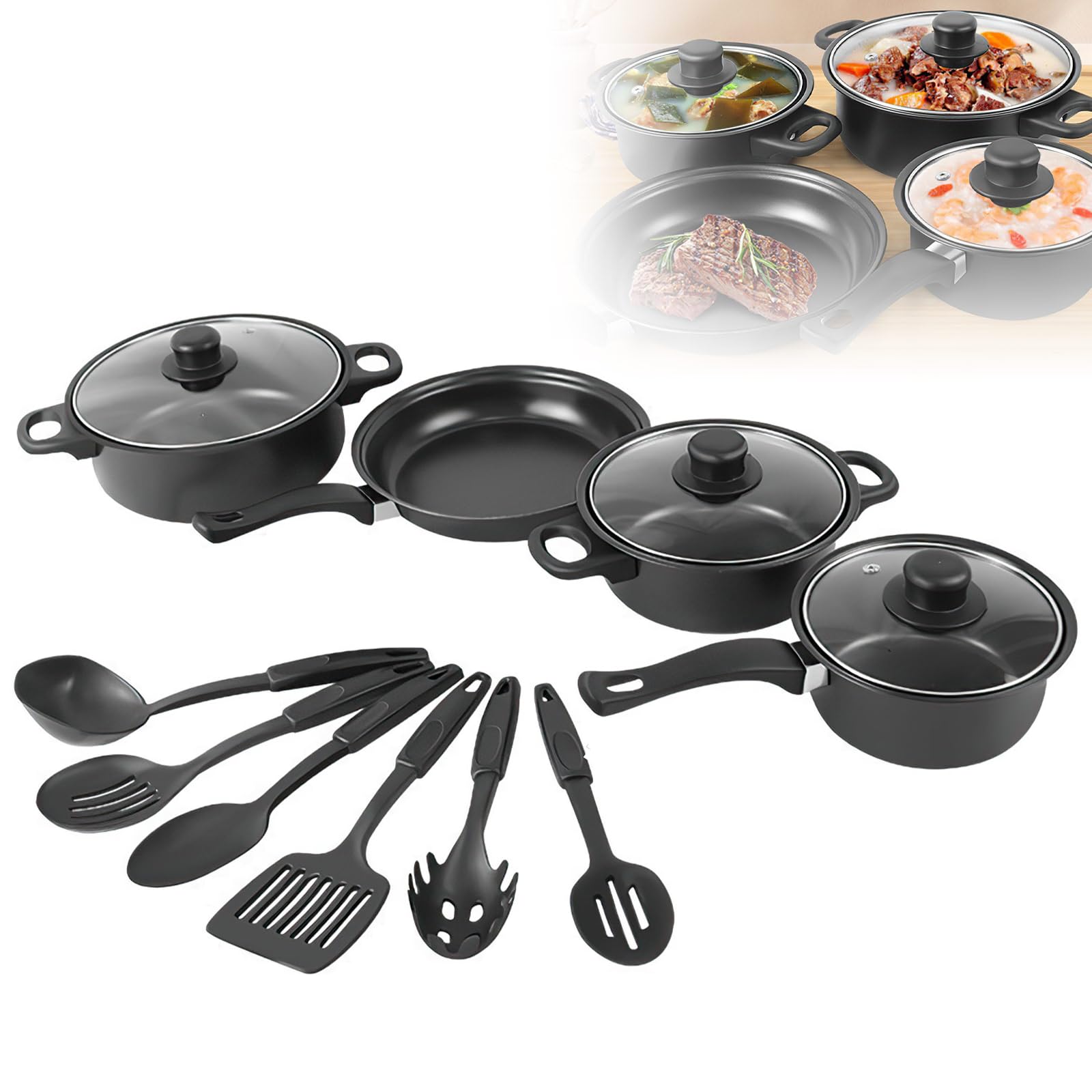Batterie Cuisine,Casserole et Poêle Induction 13 Pcs Antiadhésives (13PCS) | Poêle Profonde avec Couvercles(16/18/22cm),Poêle à frire 22cm,6pcs cuillères,Poignée Amovible,Compatible Tous Feux
