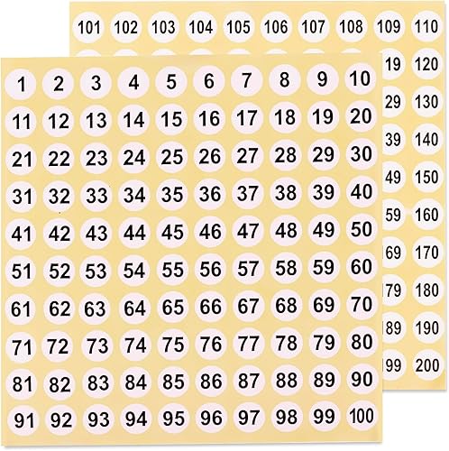 50 hojas de pegatinas de números del 1 al 200 de 0.4 pulgadas, pegatinas pequeñas de números, 25 juegos de pegatinas consecutivas autoadhesivas con