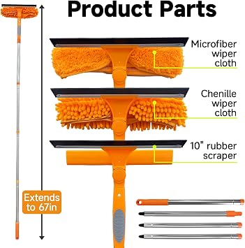 67 Squeegee Window Cleaner 2 in 1 Rotatable Window Cleaning Tool Kit with Extension Pole, Window Washing Equipment with Bendable Head for Indoor & Outdoor High Windows and Car Glass