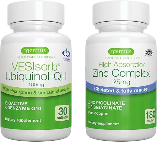 VESIsorb Ubiquinol-QH + Paquete complejo de zinc para fertilidad, CoQ10 avanzado de acción rápida 100 mg + 25 mg de zinc quelado, por Igennus