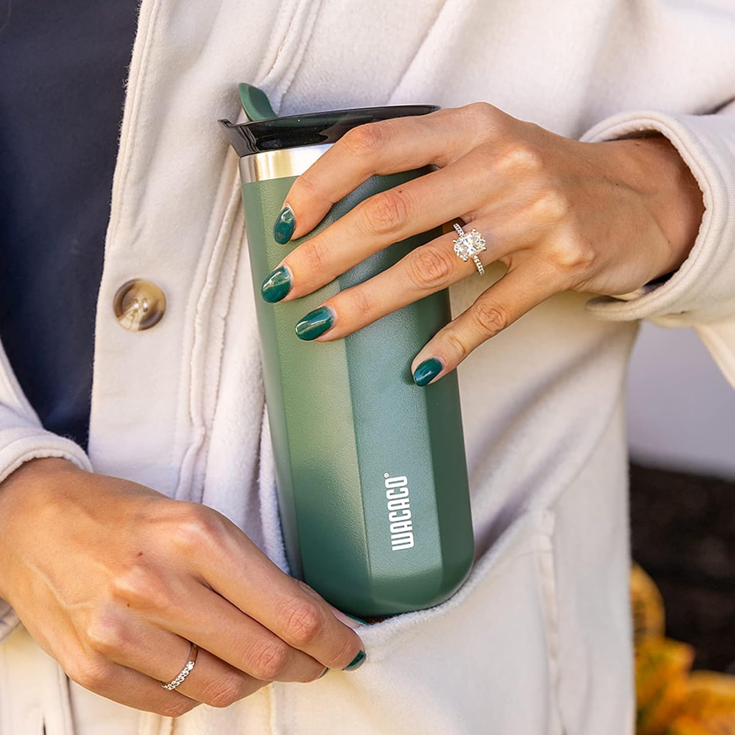 WACACO Octaroma Grande Vacuum Insulated Coffee Mug, 15 fl oz (435ml), Double-wall Stainless Steel Travel Tumbler With Drinking Lid, Pomona Green - Image 2