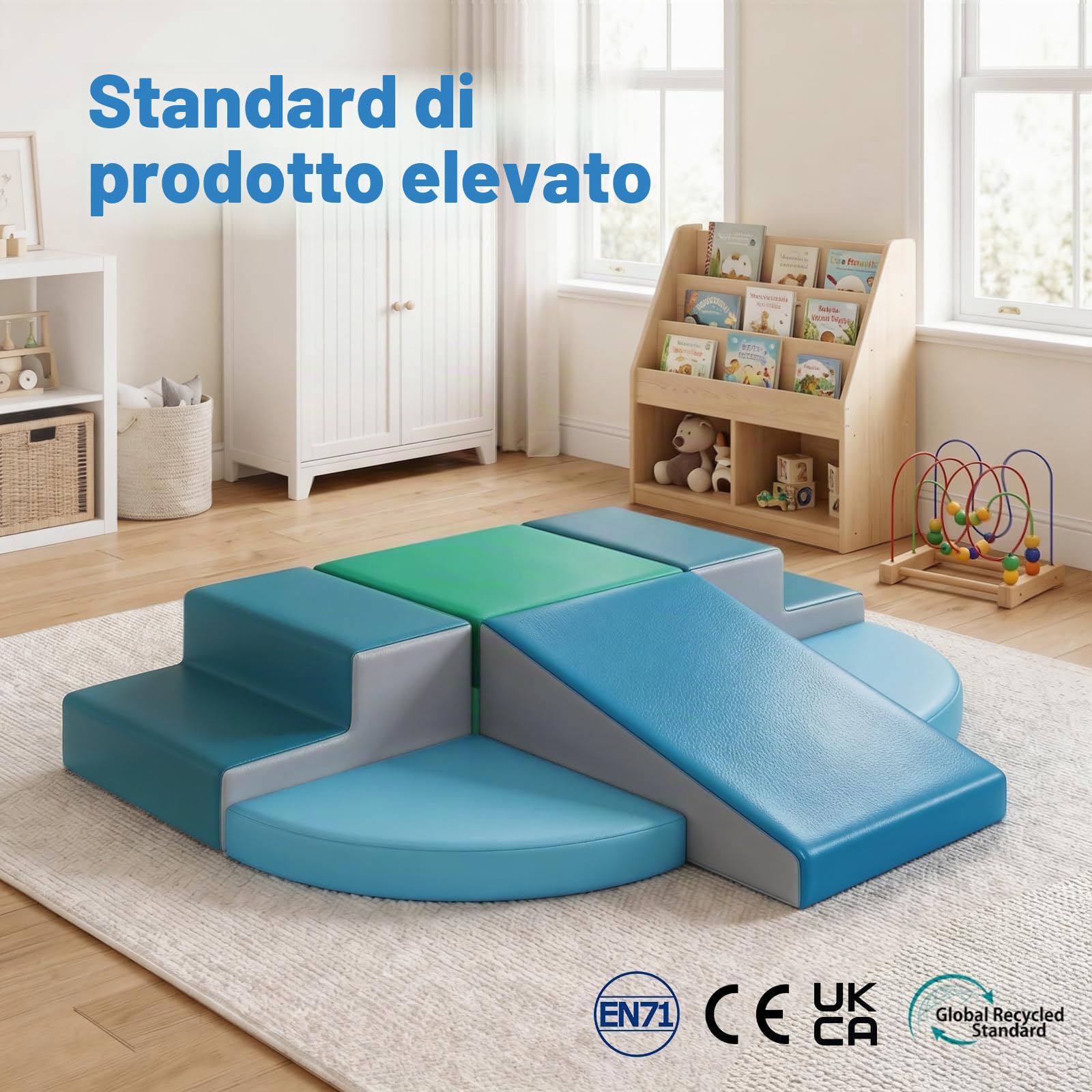 Wilwolfer Blocchi per Bambini in Schiuma Set: 6 Pezzi Pelle PU Set da Gioco Blocchi Morbidi per Bambini - Doppia Scala Percorso a Ostacoli per Infanzia per Soggiorno Cameretta e Asilo Nido
