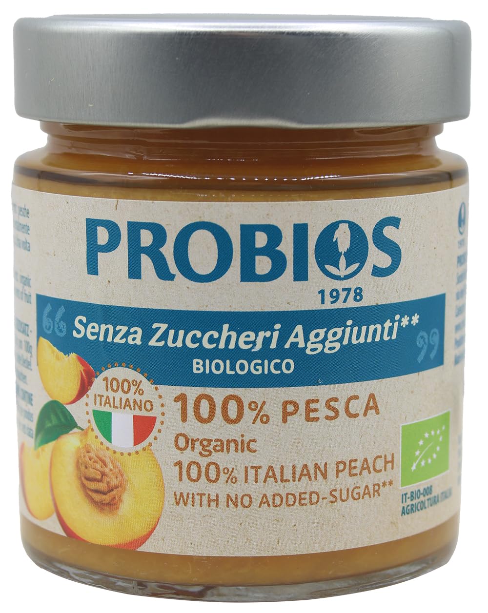 Probios Composta di Pesca Italiana Bio - Senza Glutine e Composta di Frutta Senza Zucchero - Dolcezza e Sapore Naturali - Confezione da 6 x 215 g