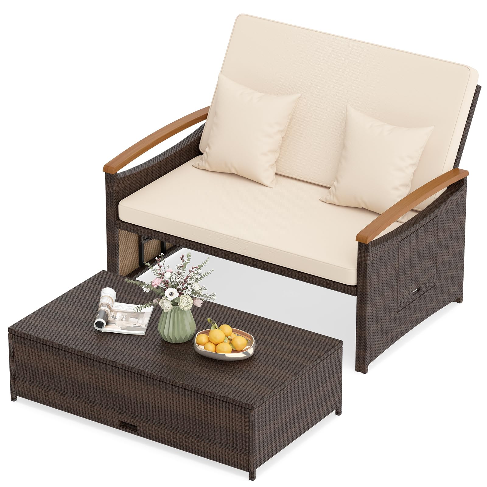 COSTWAY Salon de Jardin en Rotin avec Ottoman de Rangement, Bain de Soleil avec Plateau Latéral Rétractable Dossier Réglable sur 4 Niveaux, Canapé à 2 Places pour Jardin Patio Piscine (Marron+Beige)