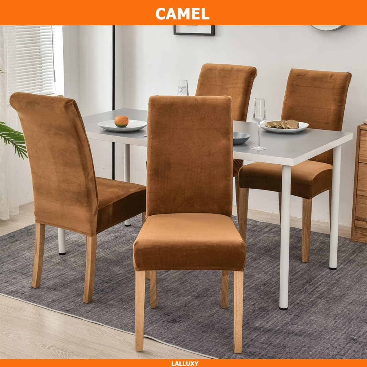 Velvet Chair Covers for Dining Chairs Set of 6, Stretchy Soft Parson Chair Covers Removable Washable Kitchen Dining Room Chair Slipcovers with Elastic for Universal Fit (Camel)