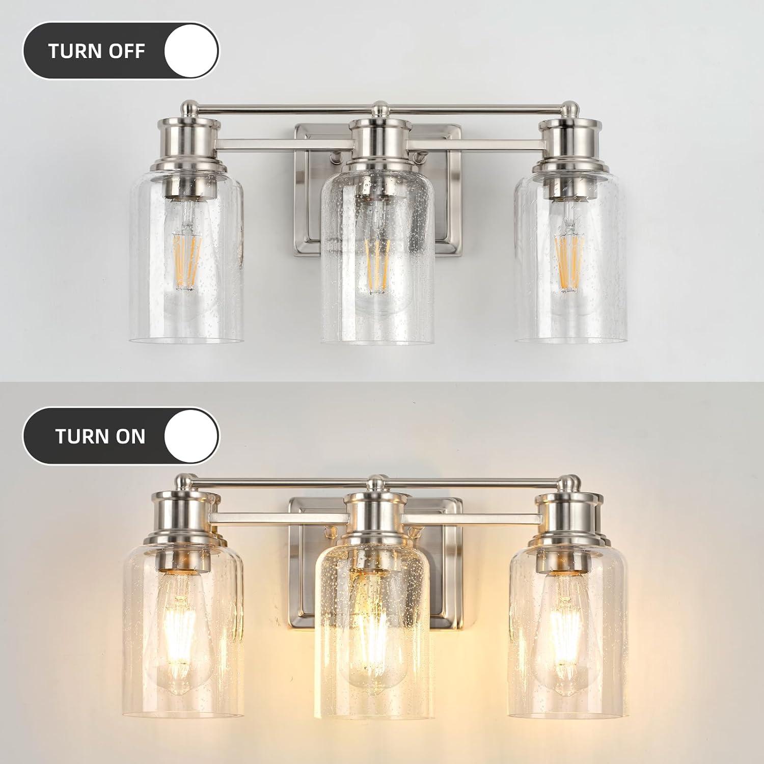 3-Lights Bathroom Vanity Light, Brushed Nickel Bathroom Light Fixtures Over Mirror with Seeded Glass Shades for Living Room Bedroom Hallway