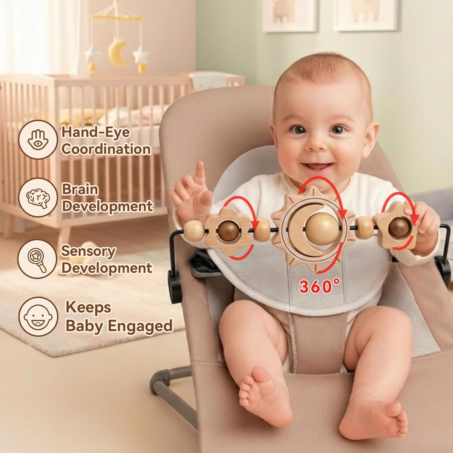 Baby Bouncer Toy Bar, Compatible with Baby Bjorn Bouncer Balance Soft & Bliss, Rotatable Wooden Toy Bar Attachment,Sensory Toy Gifts for Babies All Age (Sunflower)