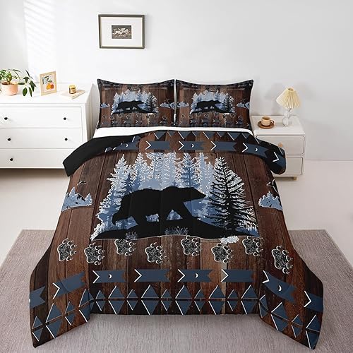 Feelyou Cute Bear Comforter Set King Size,Rustic Cabin Bedding Set for Boys Teen