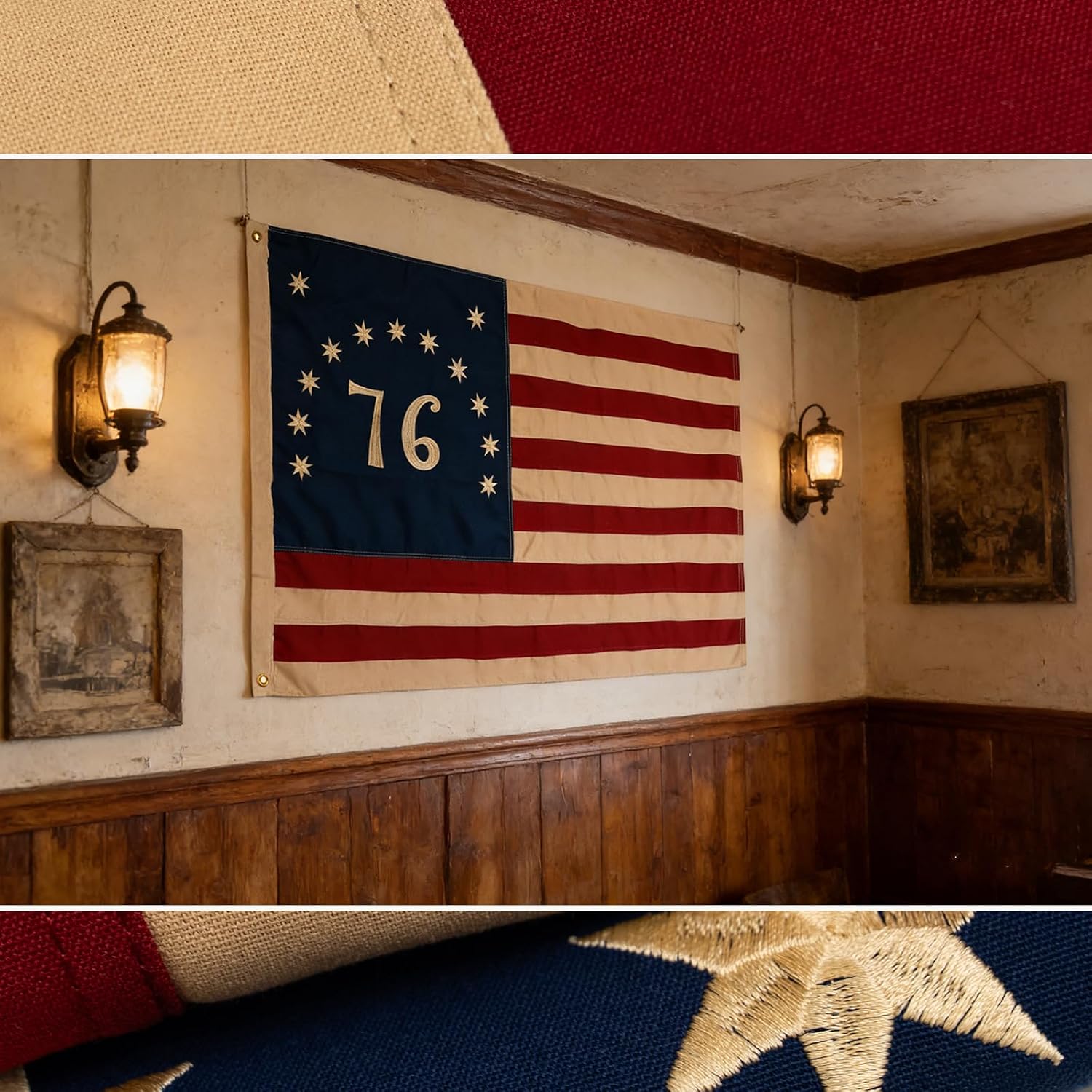 Vintage Bennington 1776 Flag 3X5 Ft 100% Cotton - Tea Stained Embroidered 76 and 13 Stars, Heavy Duty Betsy Ross American Revolution 250th Anniversary Flags with 2 Brass Grommets