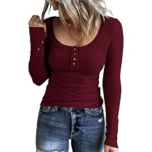 KINLONSAIR Womens Long Sleeve Henley T Shirts Button Down Slim Fit Tops Scoop Neck Ribbed Knit Shirts