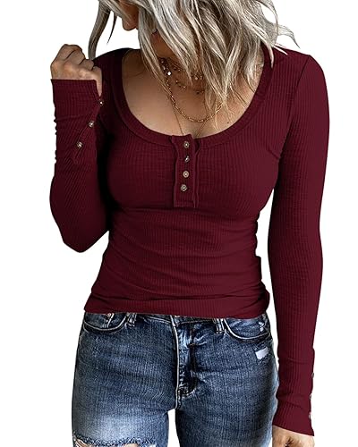 KINLONSAIR Women’s Long Sleeve Henley T Shirts Button Down Slim Fit Tops Scoop Neck Ribbed Knit Shirts