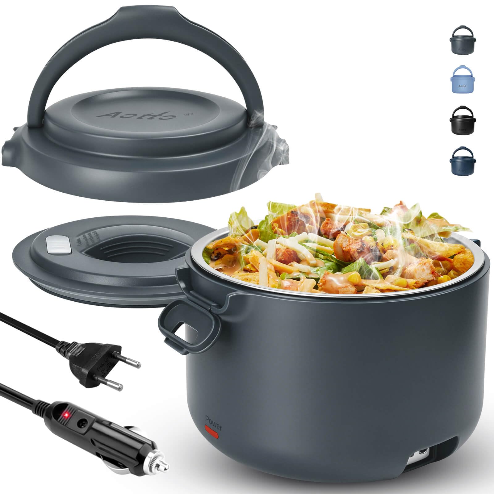 Aotto Electric Lunch Box Food Heater 80W - 3-in-1 Heated Lunch Box for Adults, 1L Self Heating Leakproof Stainless Steel Portable Food Warmer for 12V Car/24V Lorry/220-240V Office (Grey) โ image 1