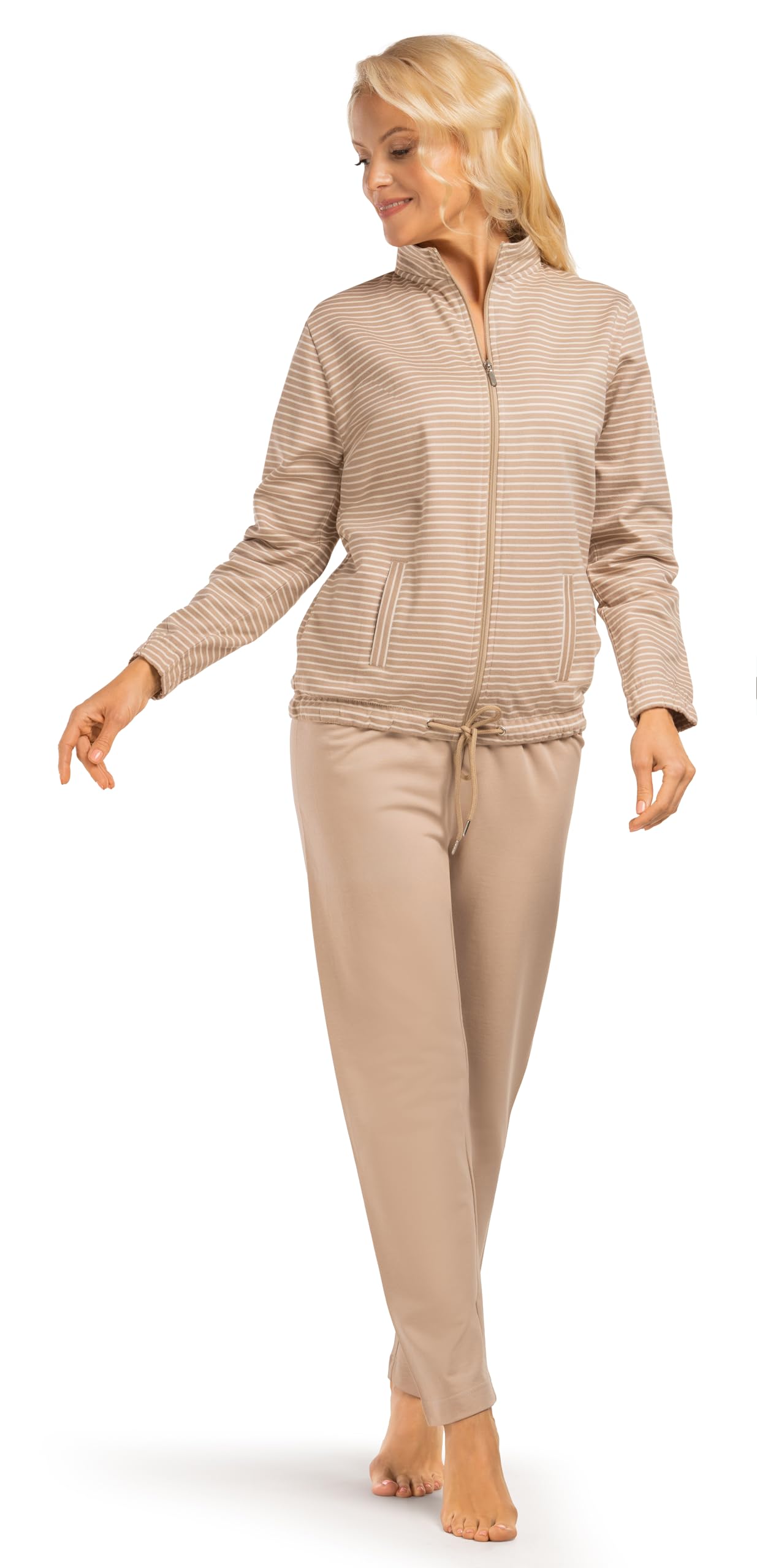 Consult-Tex Damen Langarm Hausanzug aus 100% Baumwolle-Fleece Qualität. Oberteil mit Reißverschlus und abgesteppten Bündchen. Hose mit dehnbarem Bund und Kordelzug. Attraktives Ringel-Dessin