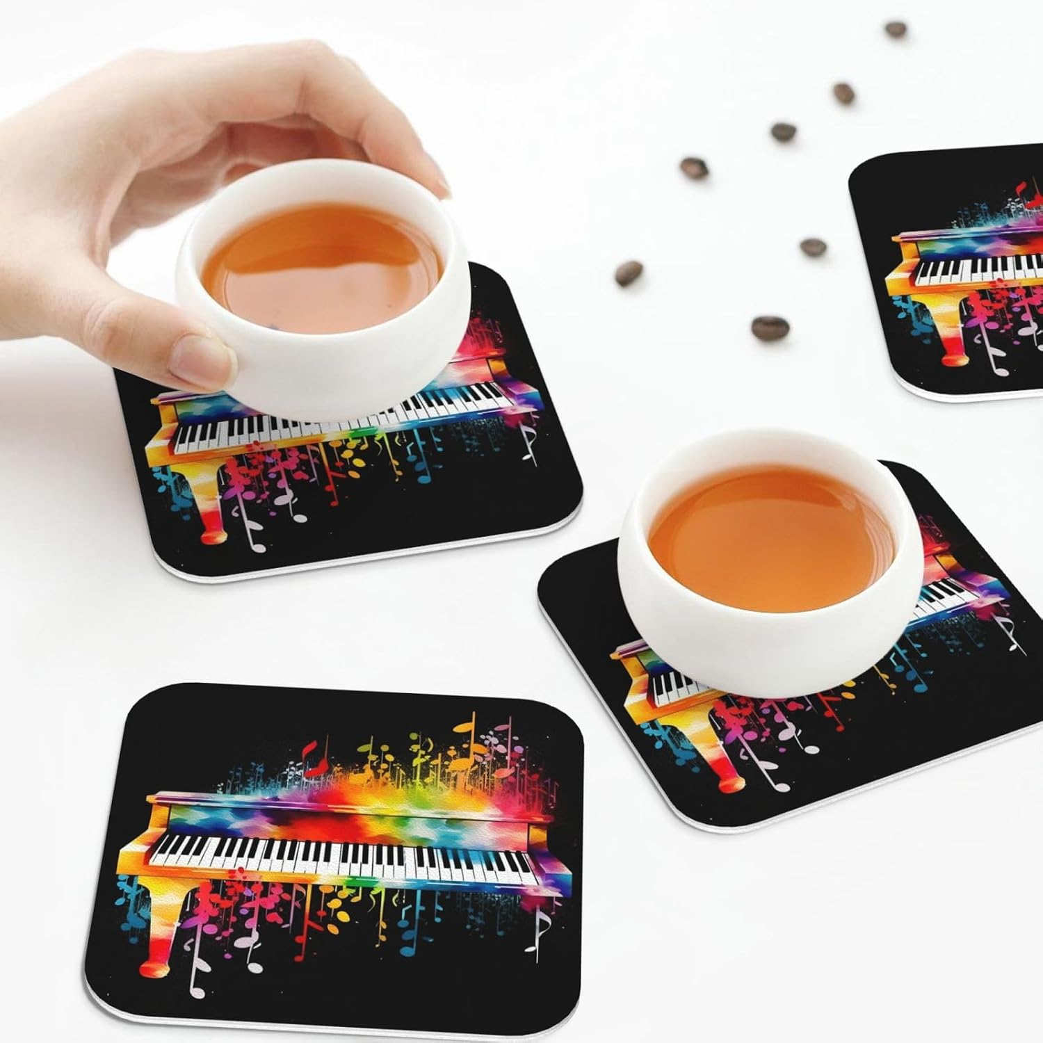 Leather Coasters Set of 4 Colorful Piano Keyboard Music Note Drink Coaster Heat Resistant Coasters for Drinks Car Coaster Coffee Mat Absorbent Cup Pad for Kitchen Office Home Decoration image 4