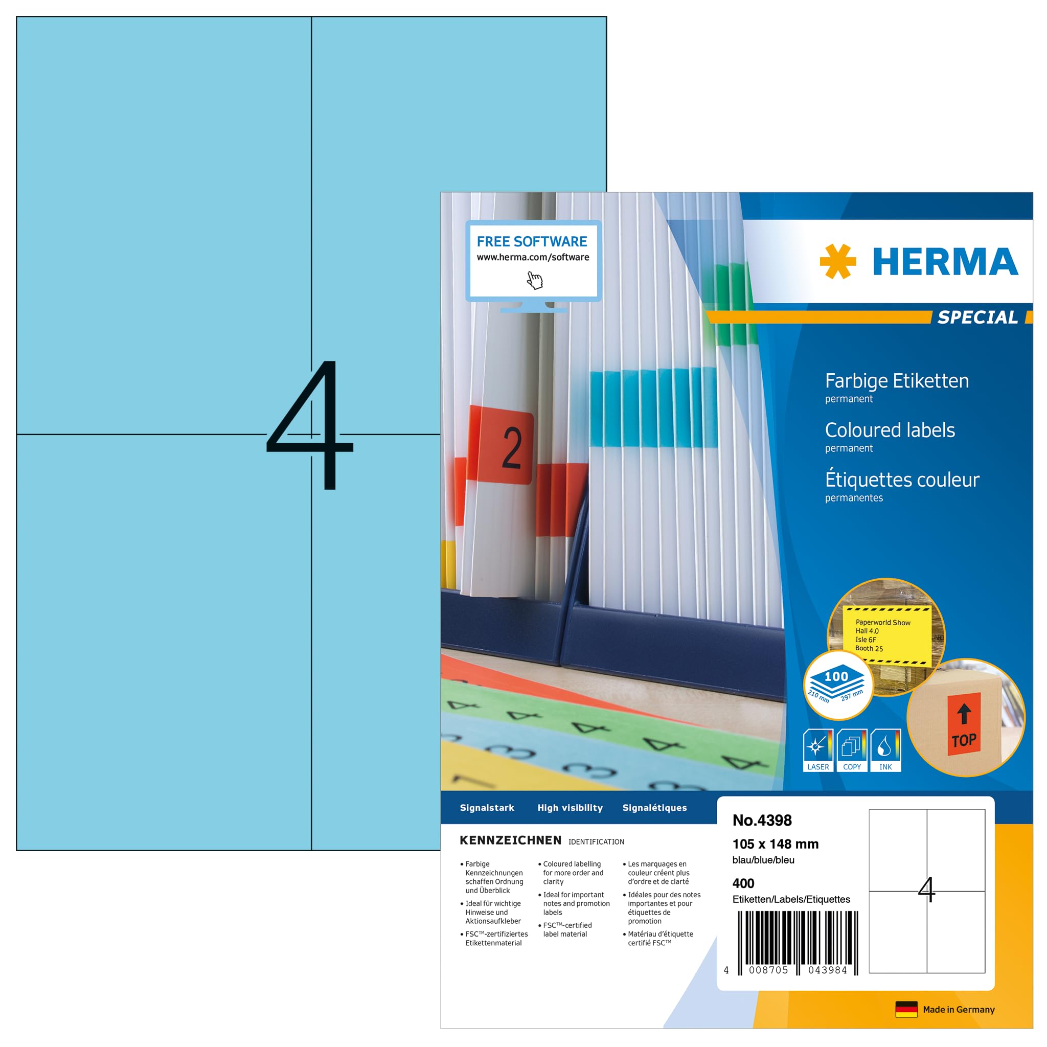 HERMA Self Adhesive Coloured Labels, 4 Labels per A4 Sheet, 100 Sheets, 105 x 148 mm, 400 Labels, Blank Colour Labels Stickers, Sticky Labels for Laser & Inkjet Printer, Blue