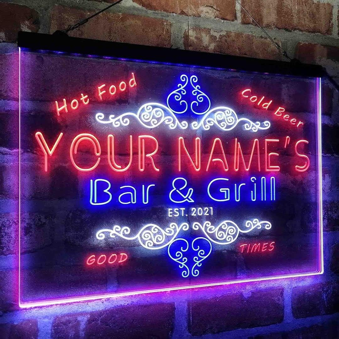 Personalized Bar & Grill Beer Tri-Color LED Neon Light Sign Customize Name Date Text Quote Font White & Blue & Red 17.7 x 13.6 Inches st9s43-u2-tm-wbr