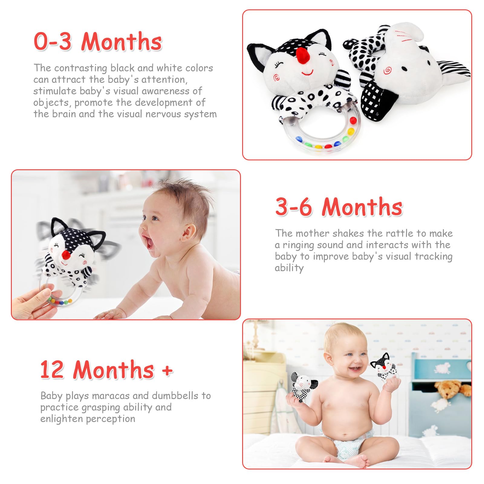 Ballery Hochet Peluche Noir Et Blanc Pour Bébé 0-12 Mois – Jouet Éveil Sensoriel Avec Son Doux, Cadeau Nouveau-Né Garçon Fille