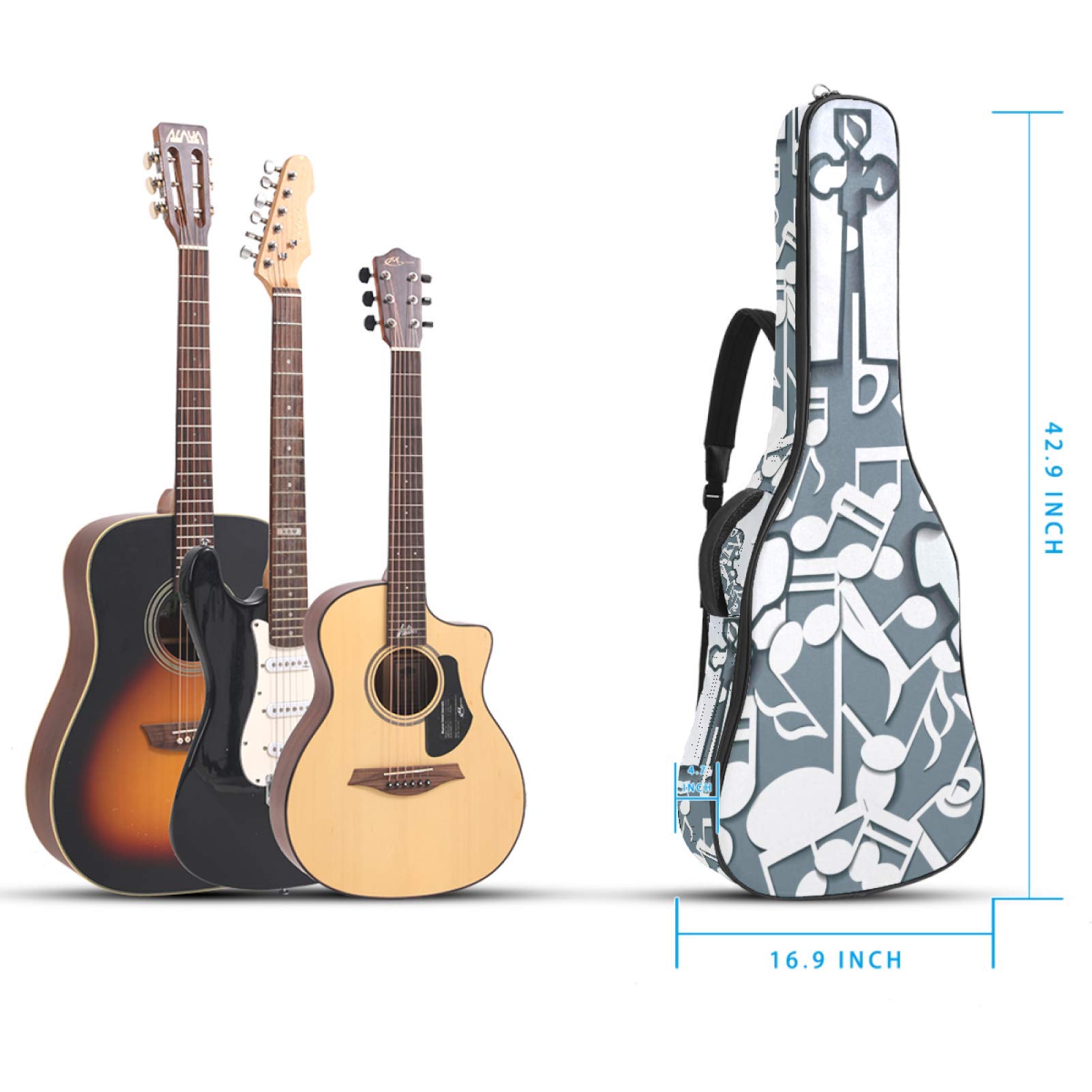 Borsa per chitarra impermeabile con cerniera morbida zaino per chitarra, chitarra acustica e classica folk chitarra elettrica chitarra musica note grigio