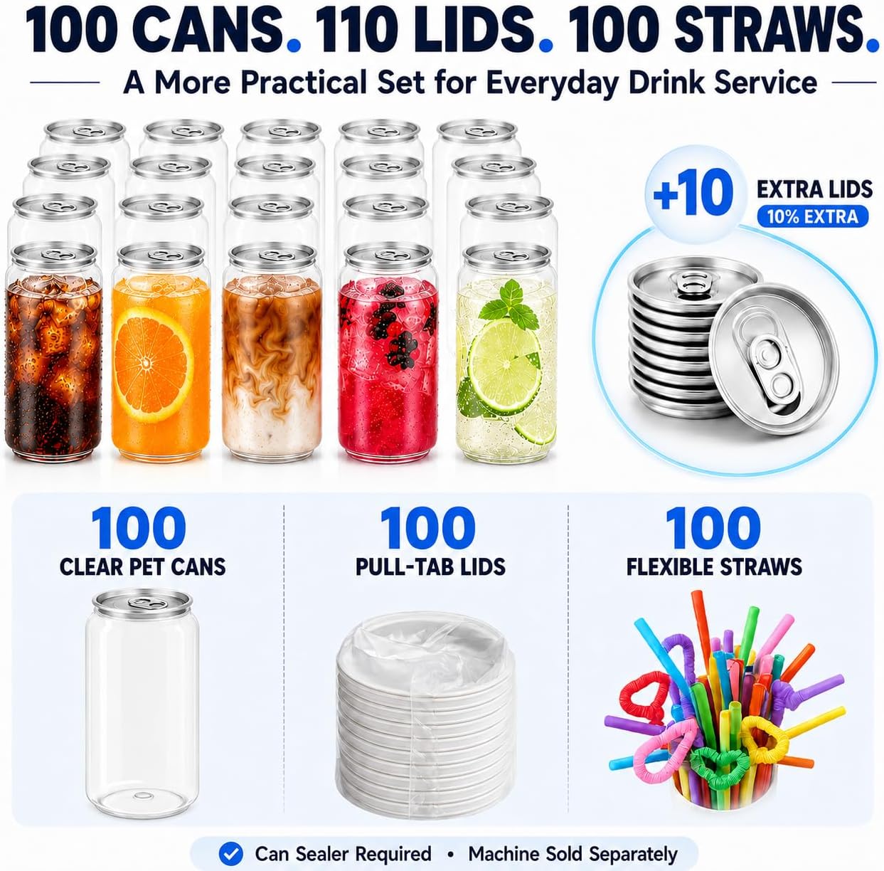 100 Pack 11.2 oz Plastic Cans with Lids, Clear PET Can Cups for Beverages