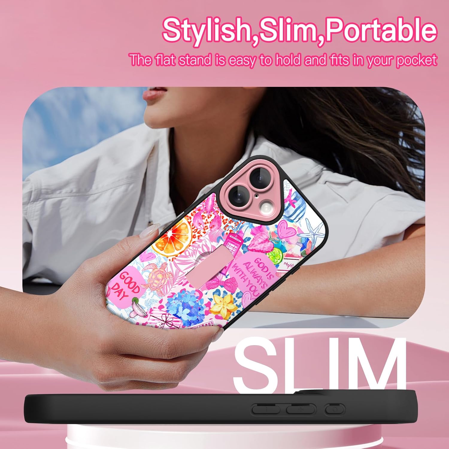 KANGHAR Compatible with iPhone 17 Case Summer Collage Coastal Pattern Finger Stand Design Full Body Rugged Shockproof Protection Glossy Protective Kickstand Phone Cover 6.1 Inch Pink
