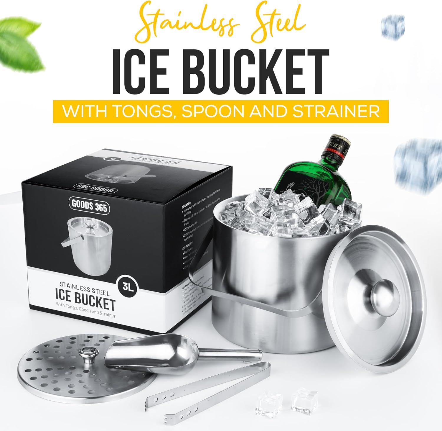 Ice Bucket with Lid, Ice Tongs, Spoon, and Strainer - Double Walled Insulated Stainless Steel to Keep Ice Frozen Longer - Perfect for Parties, Cocktail Bar, Chilling Wine, Champagne - Size 3 Liter