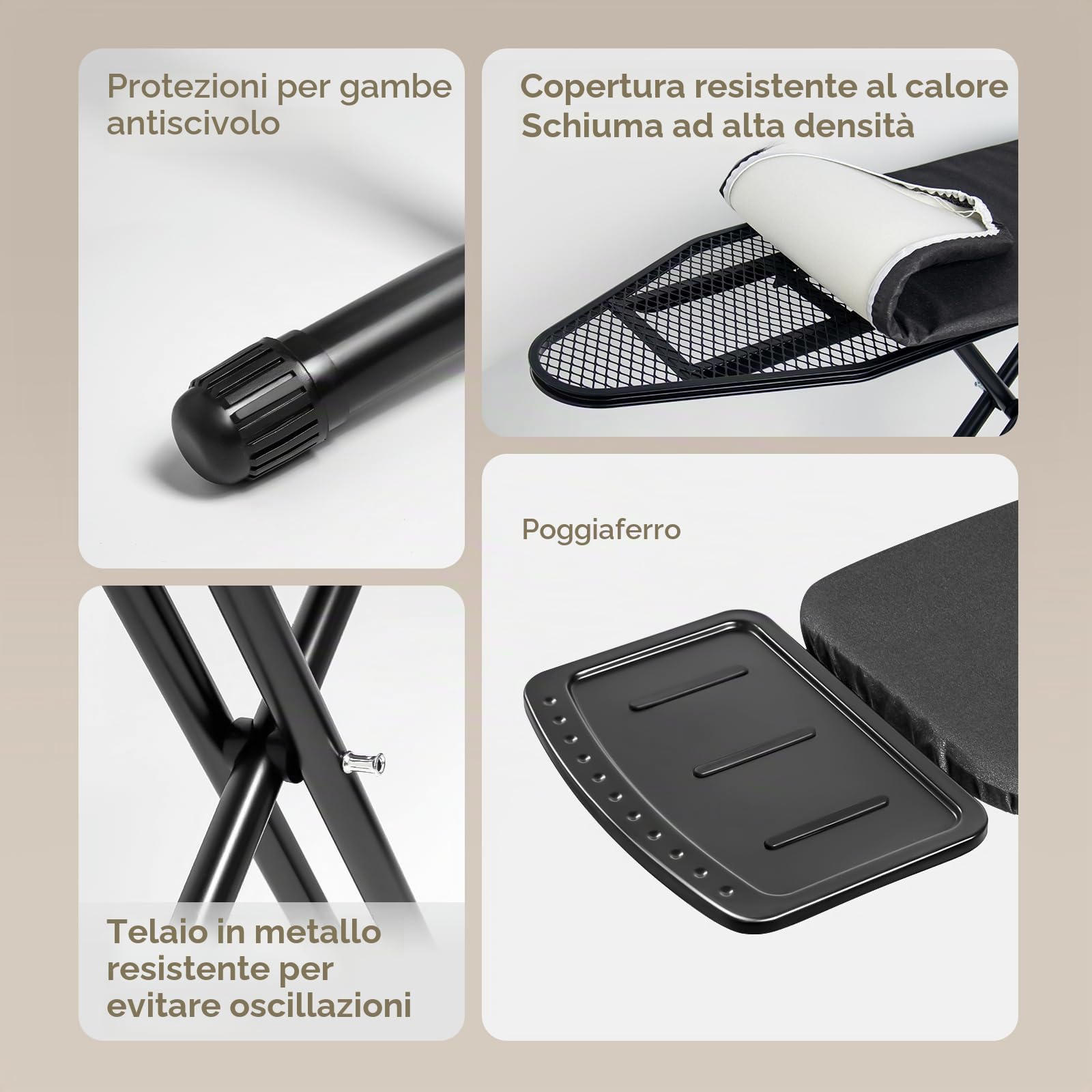 Duwee Asse da stiro 33 x 96 cm con rivestimento resistente al calore e schiuma da 10 mm, asse da stiro compatta con poggia ferro da stiro a vapore in silicone, altezza regolabile, nero