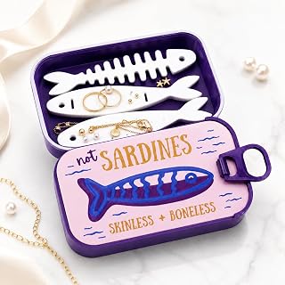 Sardine Tin Jewelry Box, Large Travel Jewelry Case with Fishbone Holders | Large sardine tin jewelry box with 3 fishbone holders, storing rings, earrings and necklaces in a cute portable organizer.