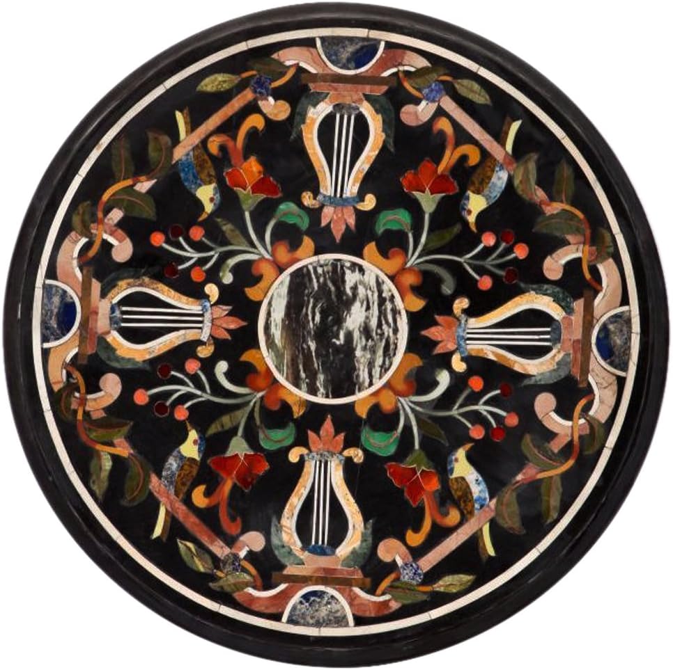 Black Marble Inlay Pietra Dura Coffee Table Top 18" inch ~ Floral Beautiful Flowers Design Table Top Made for One Precious Stone The Taj Mahal Mughal & Pietra Dura Art Work for Gift Purpose