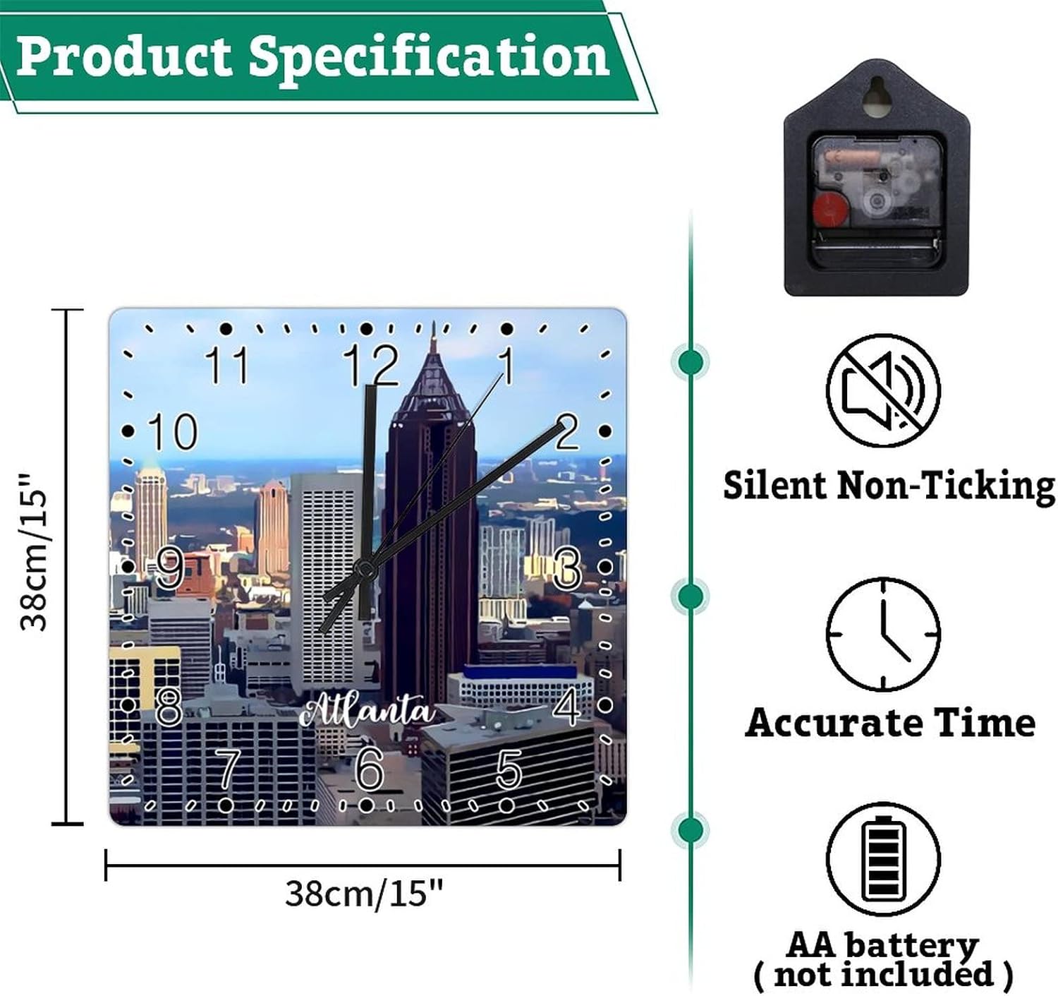 Atlanta Skyscraper Landscape Wooden Wall Clock Georgia USA Cityscape Travel Square Clocks Wall Clocks Battery Operated 15 Inch Non-Ticking Modern Living Room Bedroom Office Decor