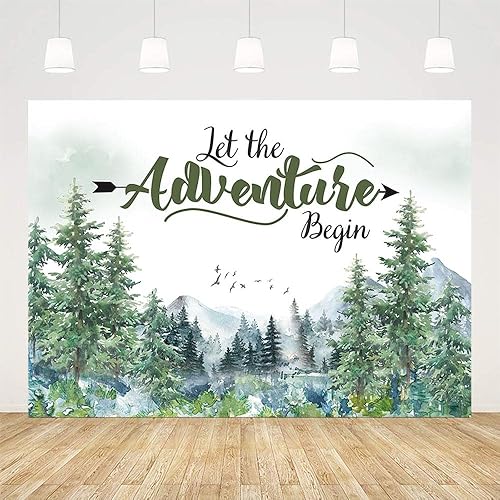 Miniatura 2 de Fondo de 10 x 7 pies con texto en inglés Let The Adventure Begin, baby shower, cámper, cumpleaños, boda, fotografía, fondo, montaña, desierto,